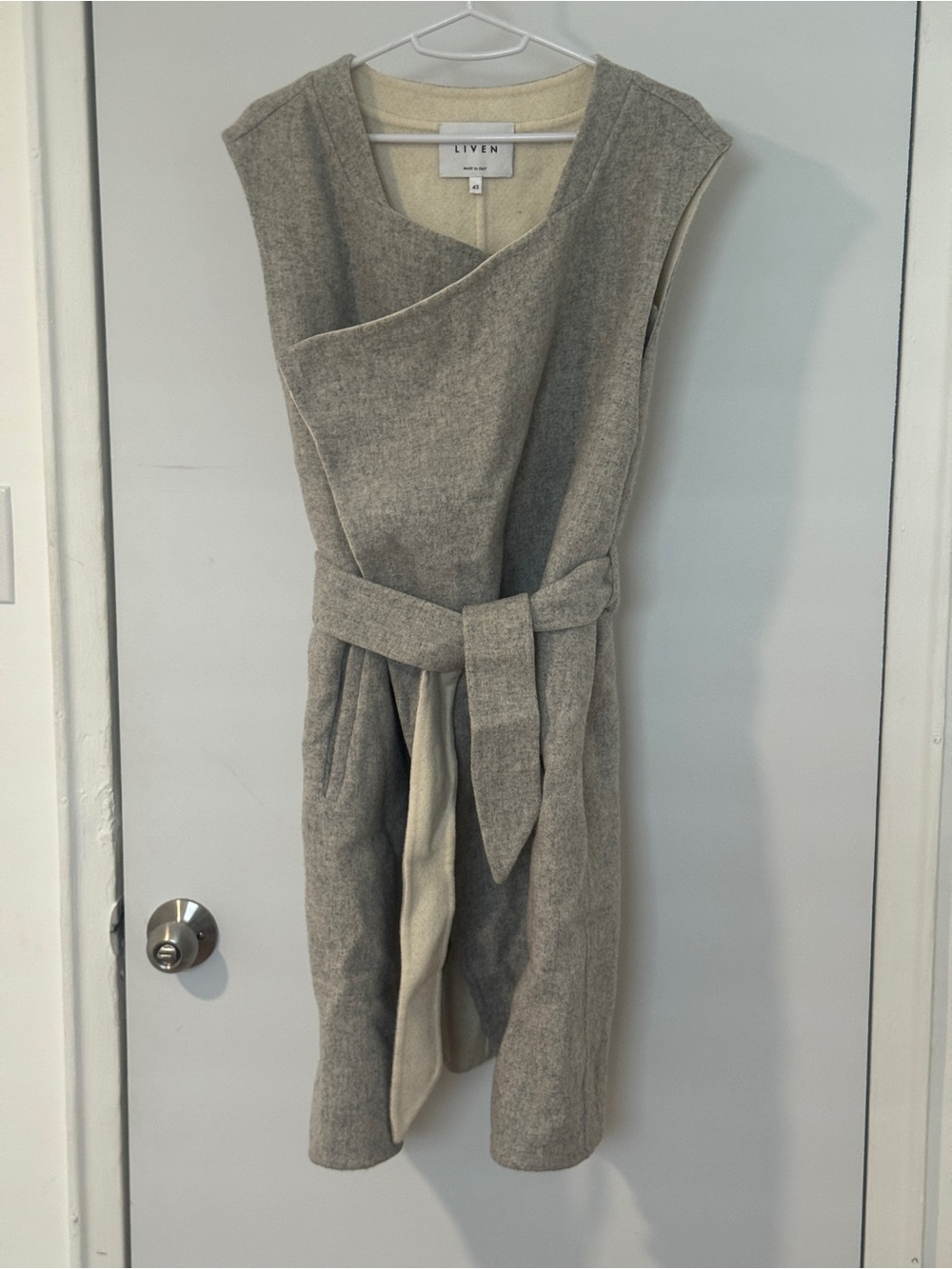 Belted Wool Vest in Light Gray